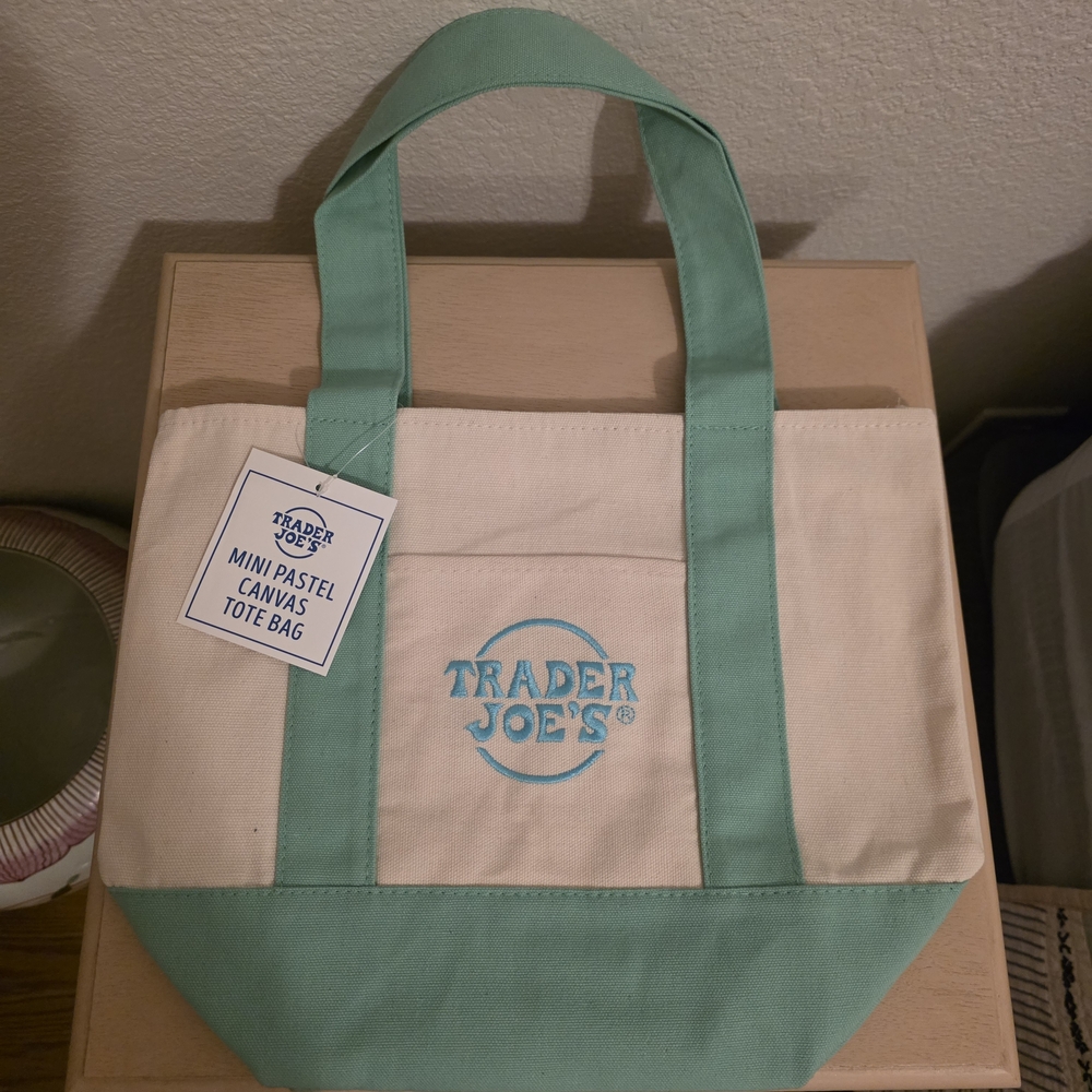 Trader Joe's Mini Pastel Canvas Tote Bag - Mint & Cream